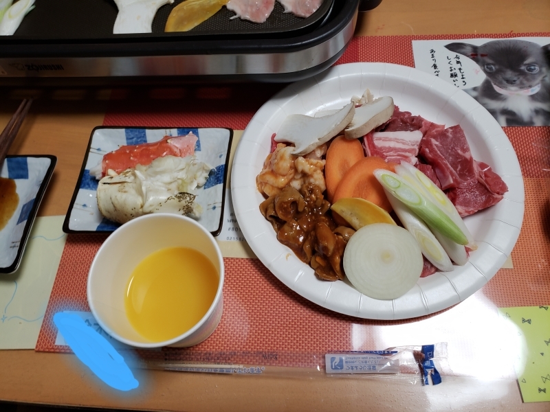 あじさい荘夕食　送別会特別リクエストメニュー　焼き肉　差し入れたらば蟹、&#127856;_c0357519_19082383.jpg