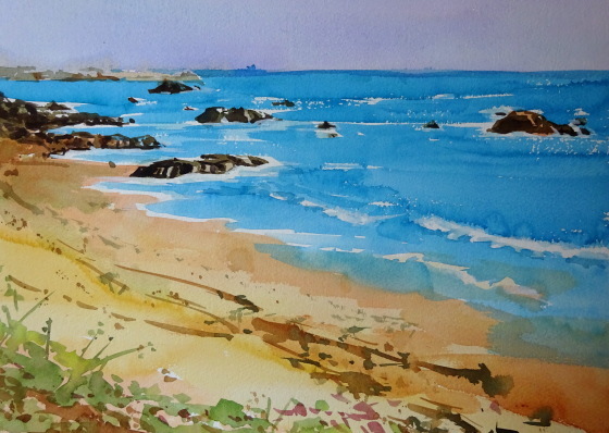 波と砂浜ー習作4 : tedkimotoの水彩画