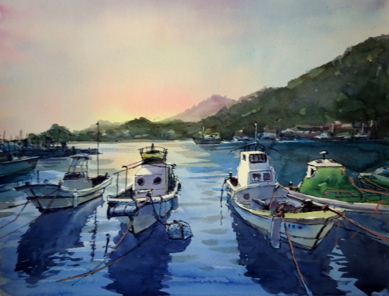 水彩画 船と水辺の風景 作者不明 中国美術 1995年作品 絵画