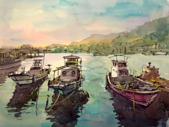 水彩画 船の風景 2014年作