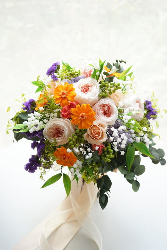 クラッチブーケ オレンジ&ピーチ系のお花で!_a0136507_23071173.jpg