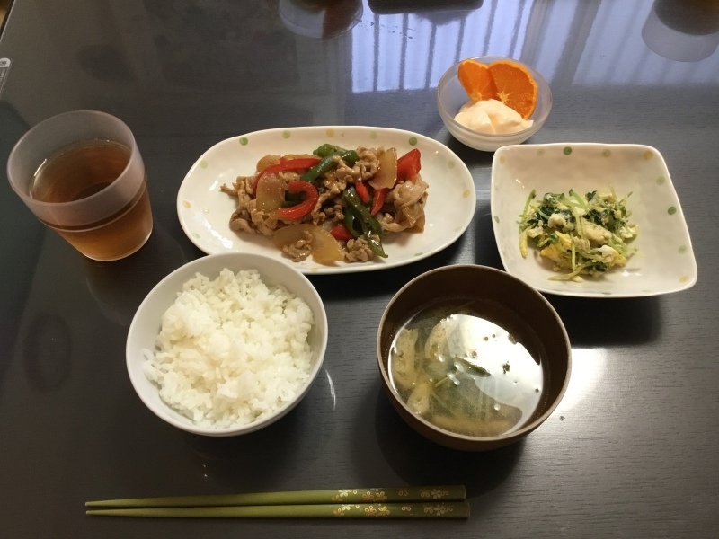 しらゆり荘夕食  豚肉の黒酢あん  豆苗の炒り卵  ヨーグルト_c0357519_18083181.jpeg