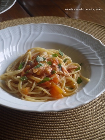 8月レギュラーレッスン/トマトとベーコンのパスタ 大葉添え_f0361692_11233896.jpg