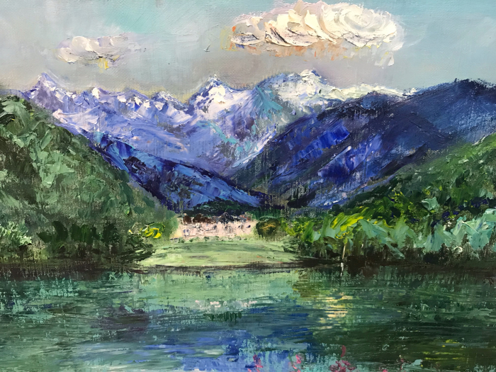 【真作】絵画　油彩　湖畔の教会とアルプス　風景画　洋画風景　W125 真作】絵画 油彩 湖畔の教会とアルプス 風景画 洋画風景 W125 真作】