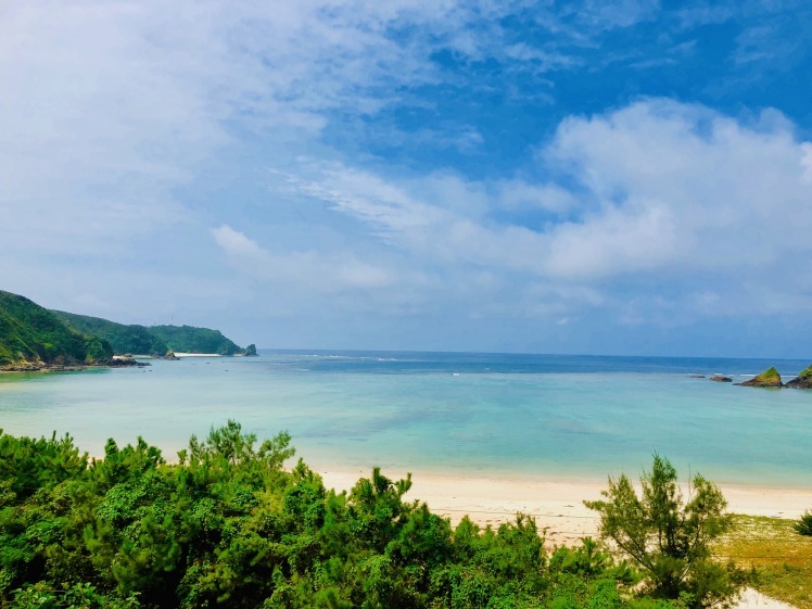 無人島冒険学校 １日目 青い海 青い空 緑の山並み 真っ白な砂浜 冒険の舞台に到着 この静かできれいな集落が10日間の我が家です ねこんちゅ通信 ネコのわくわく自然教室
