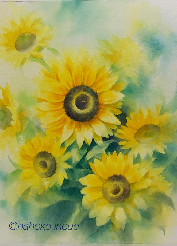 昭和レトロ 八千代作 水彩画 向日葵 ひまわり 自然 風景画 山 額