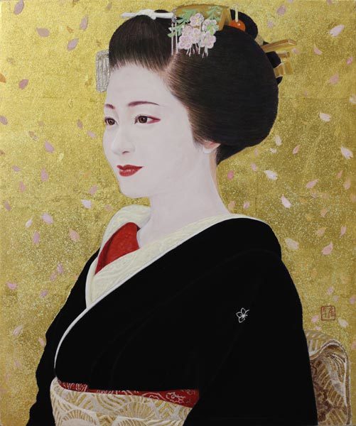 日本画10fと 8f 岩絵の具 金箔 プラチナ箔 紙本 モデル 祇園甲部