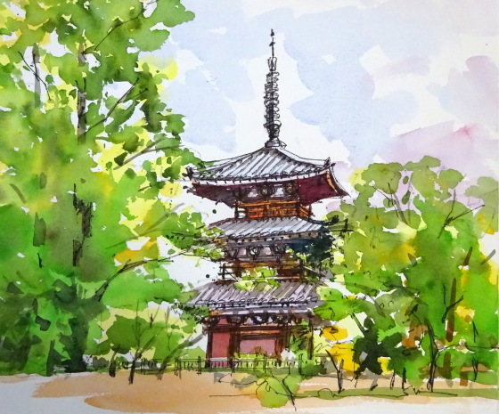 法起寺 三重塔 : tedkimotoの水彩画