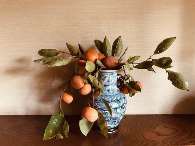 信楽焼の花瓶に柿、ジーンズ地で作る定番パンツ_d0101846_16472438.jpeg