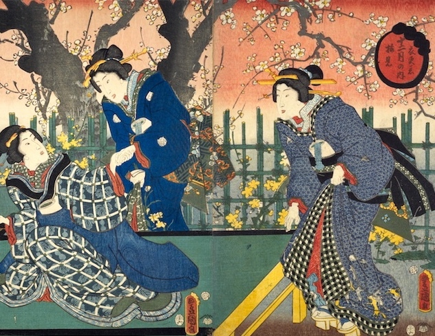 六代歌川豊国画、梅の花の肉筆日本画短冊 六代歌川豊国画、梅の花の肉筆日本画短冊 六代歌川