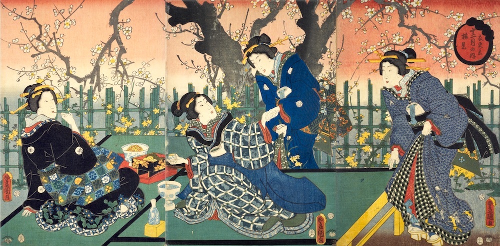 六代歌川豊国画、梅の花の肉筆日本画短冊 六代歌川豊国画、梅の花の肉筆日本画短冊 六代歌川