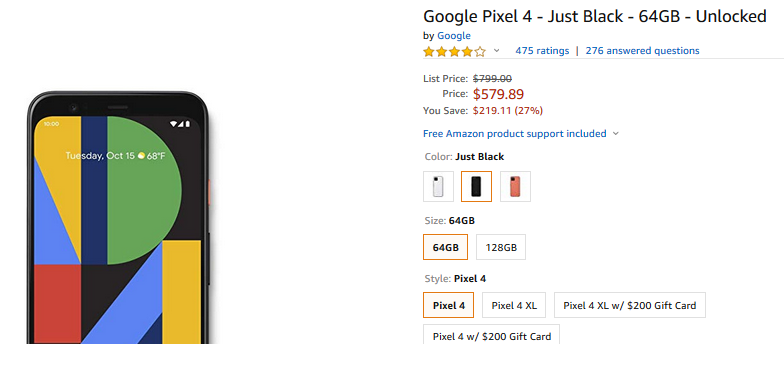 米アマゾンでPixel4値下げ 日本価格9万円 → 580ドル～ 日本直送も可能_d0262326_22043536.png