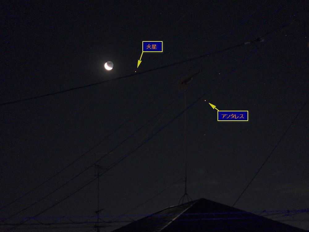 細い月と火星とアンタレスと。見事に並んだ今朝の夜明け前（２０２０．１．２１）_a0031821_05501756.jpg