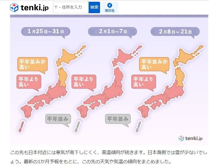 曇りや雨のぐずついた予報で暖冬傾向続く 2020 1 22 徳ちゃん便り