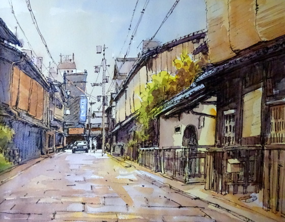 京都 祇園新橋通 : tedkimotoの水彩画
