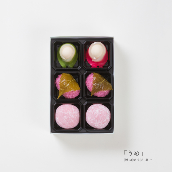 桃の節句和菓子「うめ」1箱1028円 6個入 (上生菓子2個、桜餅、さくら大福が各2個)原材料の一部に大豆・やまいもを使用しています