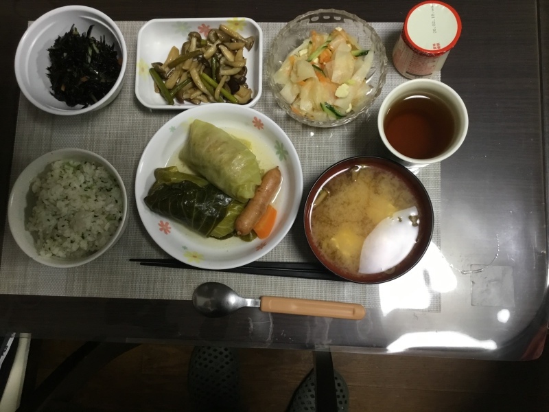 ひまわり荘 夕食 菜飯 ロールキャベツ 大根とチーズのサラダ ヒジキのマリネ きのことニンニクの目のソテー ヨーグルト 今日の献立