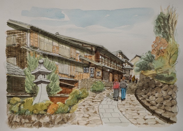 絵画「木曽路より御岳山をのぞむ」水彩画