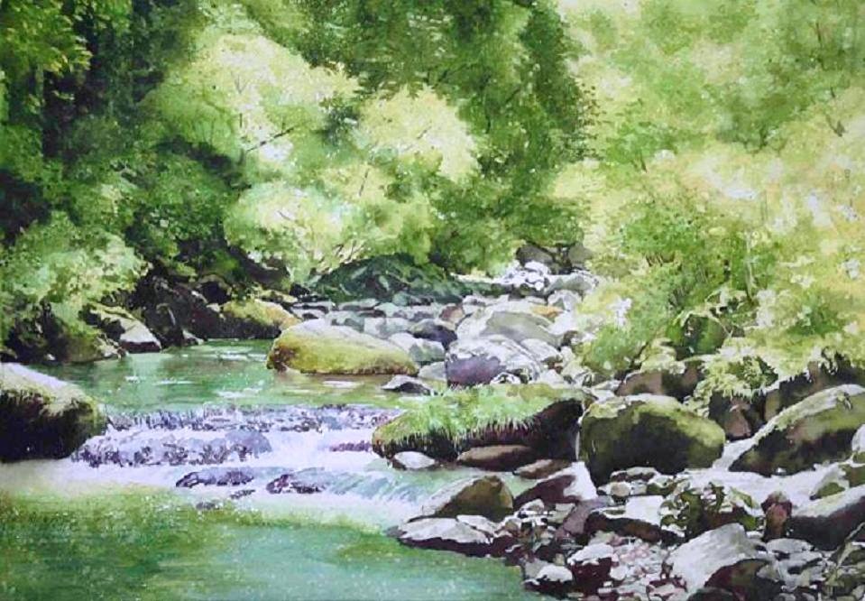 風景水彩画 「渓流の釣り」 原画
