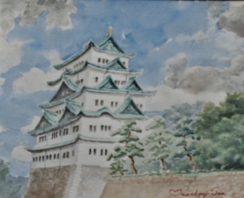 浮世絵風な水彩画桜咲く名古屋城