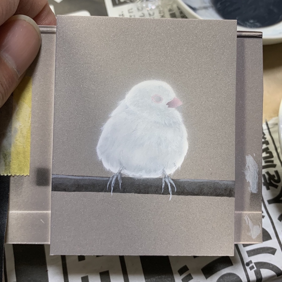 【#毎日一絵チャレンジ】#アクリル画 #おまん獣「スズメ ver.1.3〔白い雀〕」#メイキング #白銀の鳥展_a0021565_17101496.jpg