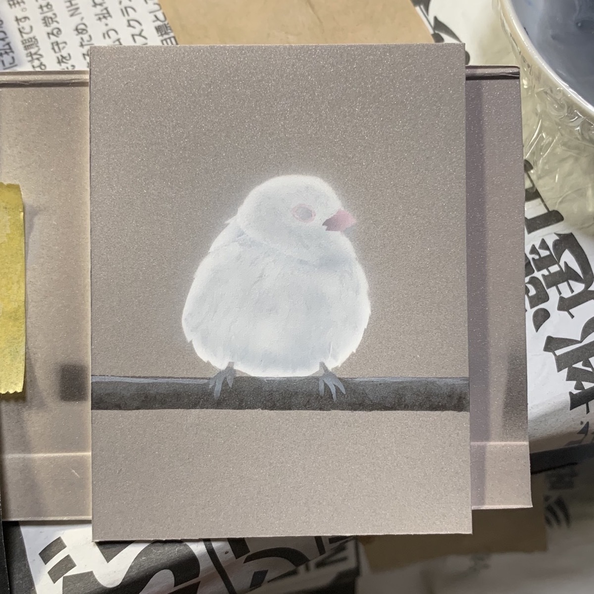 【#毎日一絵チャレンジ】#アクリル画 #おまん獣「スズメ ver.1.3〔白い雀〕」#メイキング #白銀の鳥展_a0021565_17101960.jpg