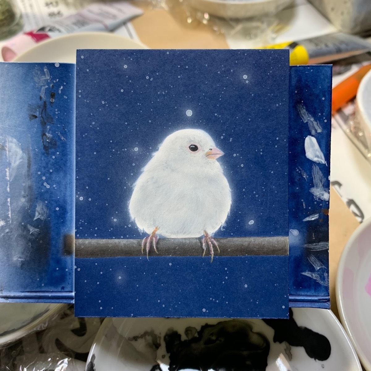 【#毎日一絵チャレンジ】#アクリル画 #おまん獣「スズメ ver.1.4〔白い雀〕」#メイキング #白銀の鳥展_a0021565_17155678.jpg
