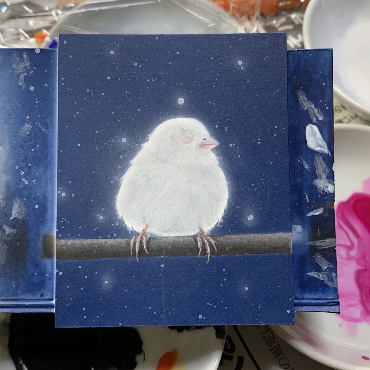 【#毎日一絵チャレンジ】#アクリル画 #おまん獣「スズメ ver.1.4〔白い雀〕」#メイキング #白銀の鳥展_a0021565_17160414.jpg