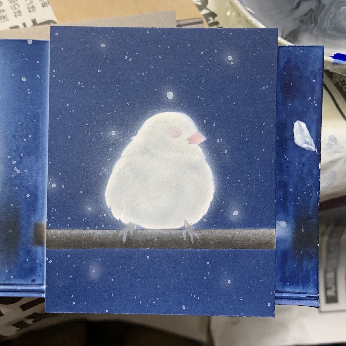 【#毎日一絵チャレンジ】#アクリル画 #おまん獣「スズメ ver.1.4〔白い雀〕」#メイキング #白銀の鳥展_a0021565_17161777.jpg