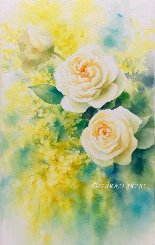 光の薔薇 透明水彩画 白い額入り 美術品・アンティーク
