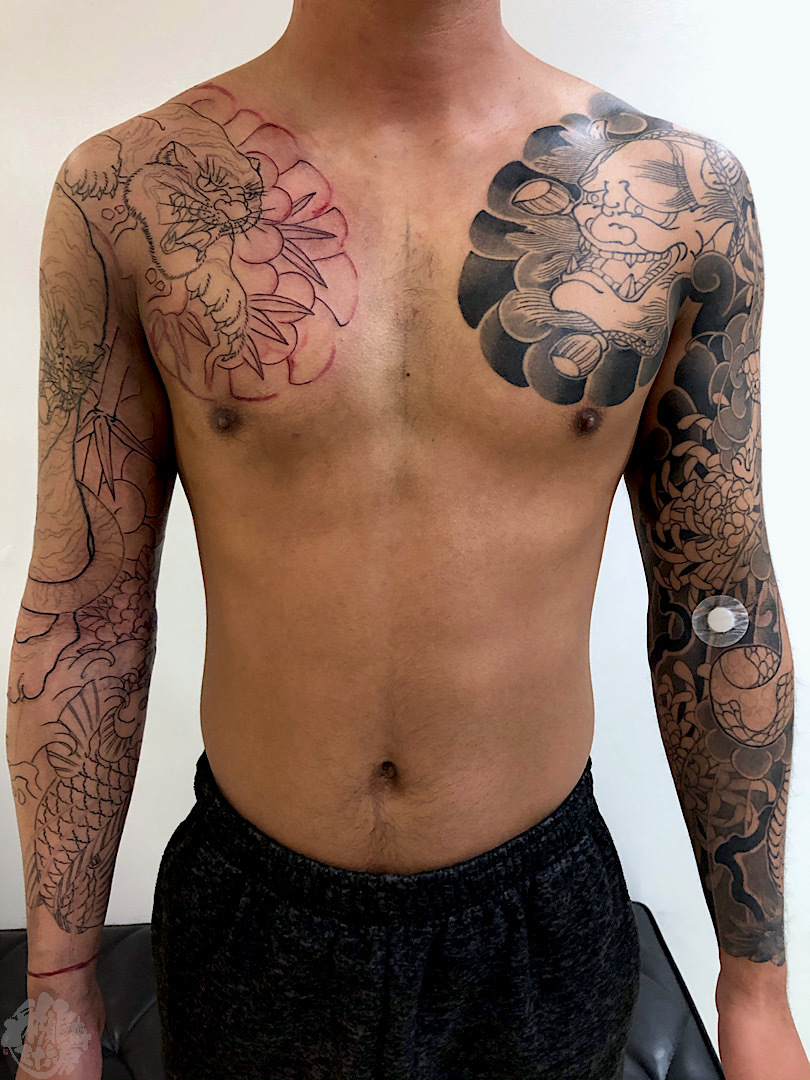 右腕九分 虎二匹 鯉 牡丹 彩躯術三十六房 Chamber36tattoostudio