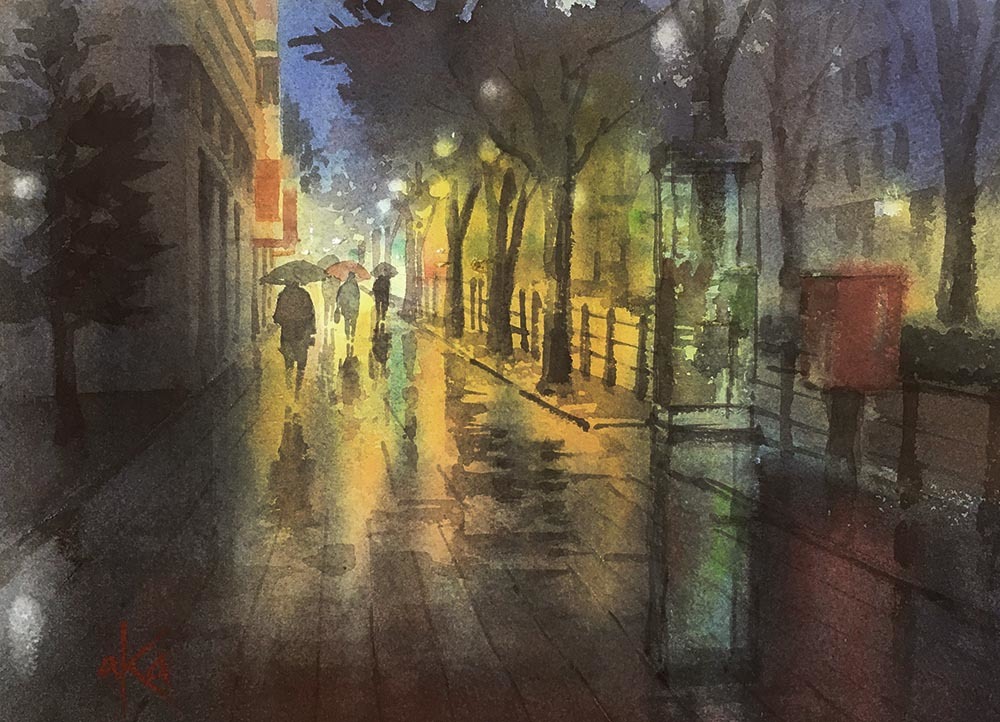 雨の御堂筋 赤坂孝史の水彩画 雨の御堂筋 赤坂孝史の水彩画