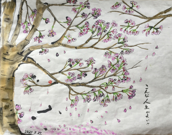 絵手紙 桜とチューリップ おばちゃん遍路1人旅