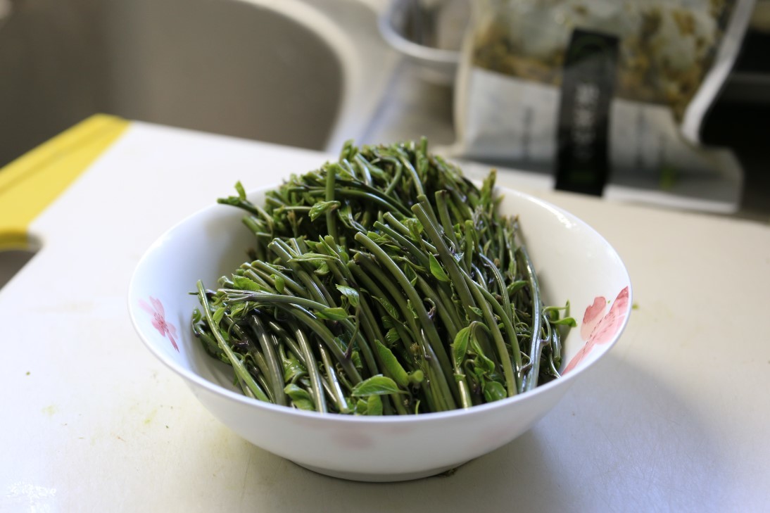 木の芽 (春の楽しみ、ミツバアケビの新芽を食す） : 裏のお山で雪と
