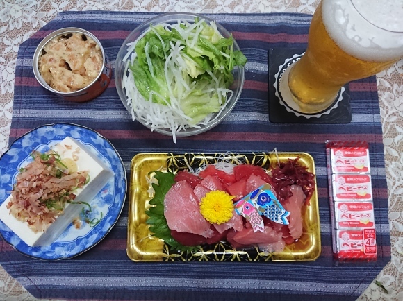 5/5夕飯 黒ラベル、ヤッホー柚子塩、トリスコーラハイ、月桂冠THE SHOT華やぐドライ大吟醸、アサヒ樽ハイレモン、刺身、カレーライス@自宅_b0042308_00272062.jpg