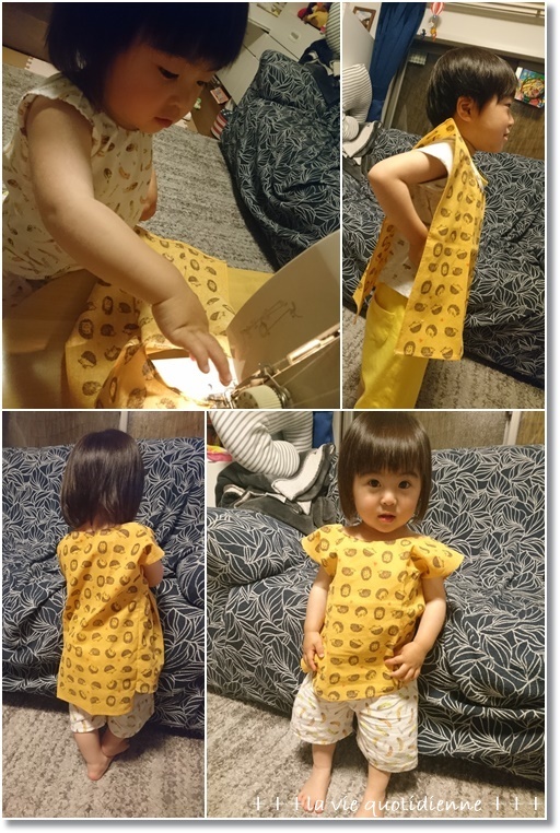 【100均】手拭いで１歳児めっちゃ簡単な服（パジャマ）作り♪とカカに聞いてんの！_a0348473_05325594.jpg