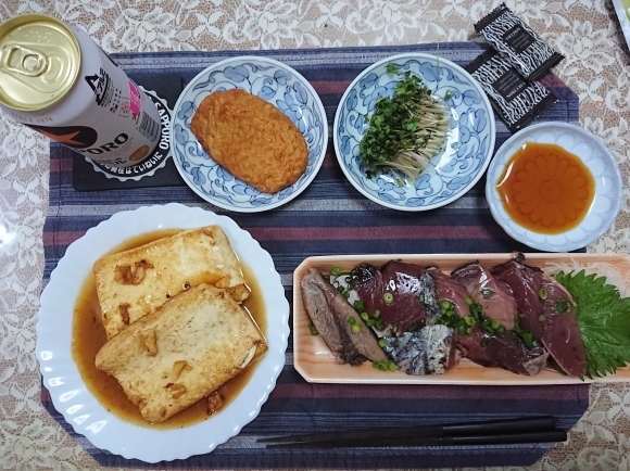 5/21夕飯 黒ラベル、菊正宗しぼりたて政宗、鰹のたたき、ガーリックバター豆腐ステーキ、大葉の浅漬けご飯@自宅_b0042308_15344952.jpg