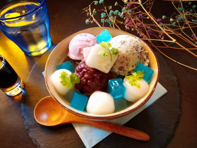 おいも鎌倉アジサイあんみつ 古都鎌倉 おいもカフェ金糸雀