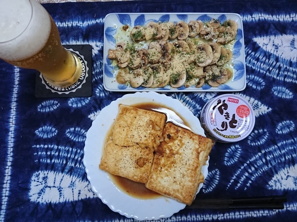 6/11,12夕飯 サッポロクラシック夏の爽快2020、宝焼酎サイダーハイボール、サッポロ・レモン・ザ・リッチ、ガリバタ醤油豆腐ステーキ、マッシュルームカルパッチョ_b0042308_12530624.jpg