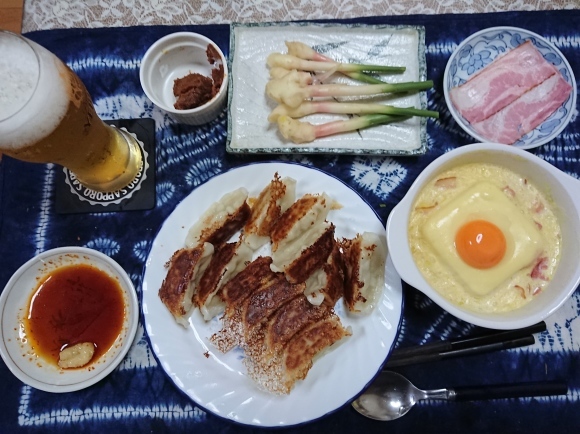 6/14夕飯 サッポロクラシック夏の爽快2020、豆乳割り、味の素生姜ギョーザ、カルボナーラ豆腐、葉生姜@自宅_b0042308_00513709.jpg