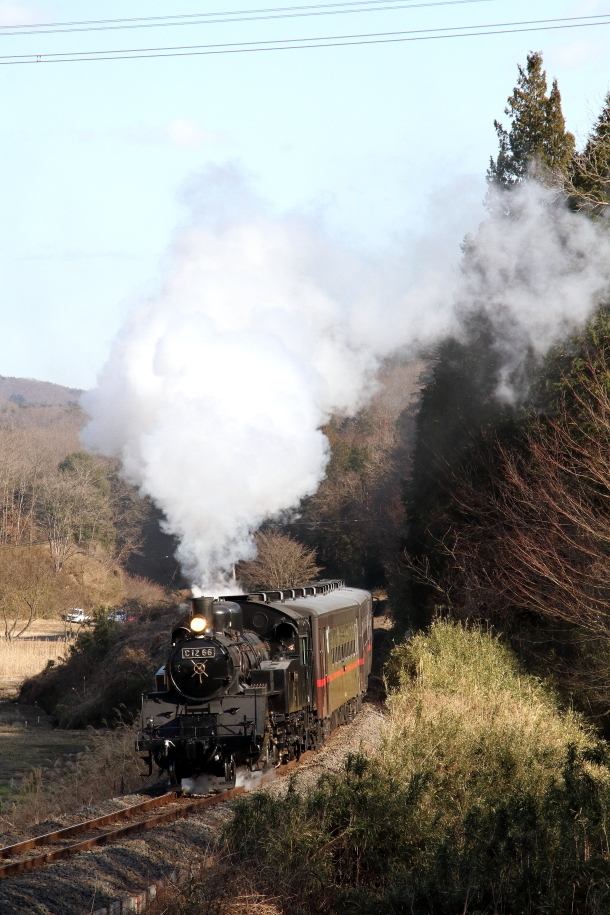 白煙の機関車と赤い帯の客車 年冬 真岡鉄道 ねこの撮った汽車