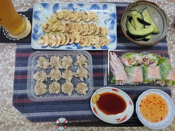 6/28夜勤明け ヱビス吟醸、豆乳割り、楽陽食品チルドシウマイ、エビ生春巻、マッシュルームカルパッチョ、旬の水なす漬物@自宅_b0042308_17300940.jpg