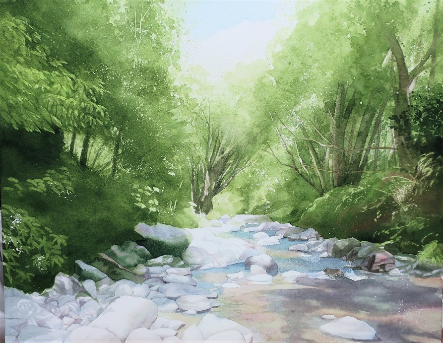 絵画「渓流の釣り」　水彩画 How to Paint flowing stream in watercolor - 流れる渓谷