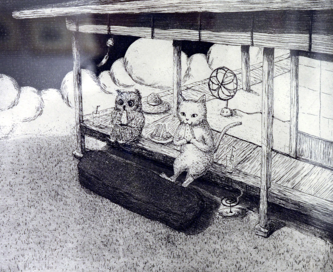 寺澤智恵子　銅版画　「お餅待ち」 ネコ・テッパンー寺澤智恵子（銅版画） : ギャラリーびー玉
