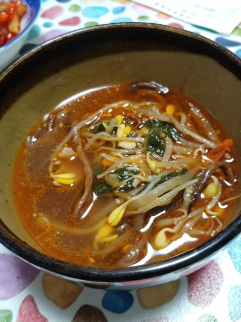 ナムル→ビビンパ→スープと梅のコンポートでゼリー_c0162773_19453483.jpg
