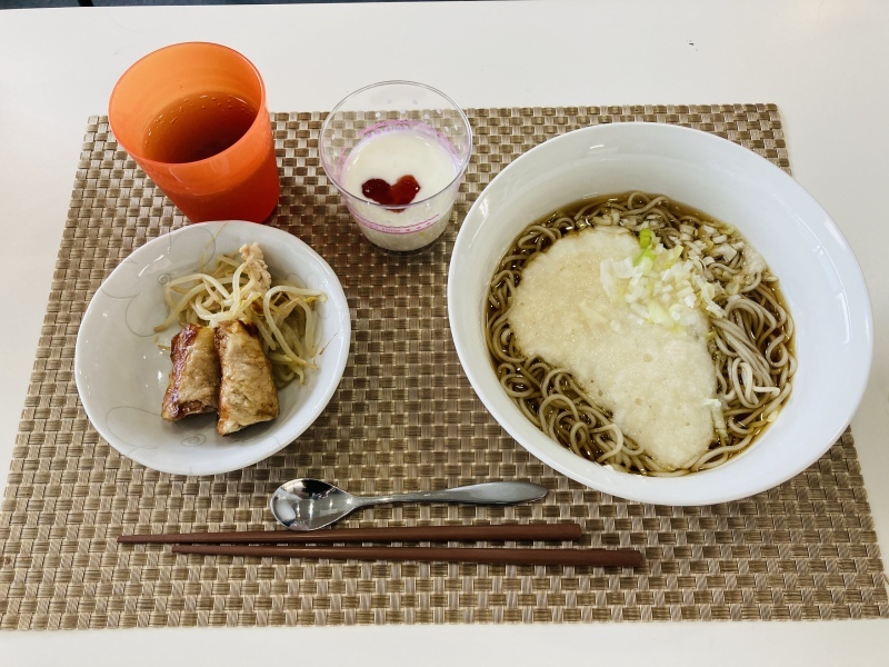 ひだまり工房 昼食 冷やしとろろ蕎麦 チーズイン竹輪の肉巻き アロエ入りヨーグルト 今日の献立