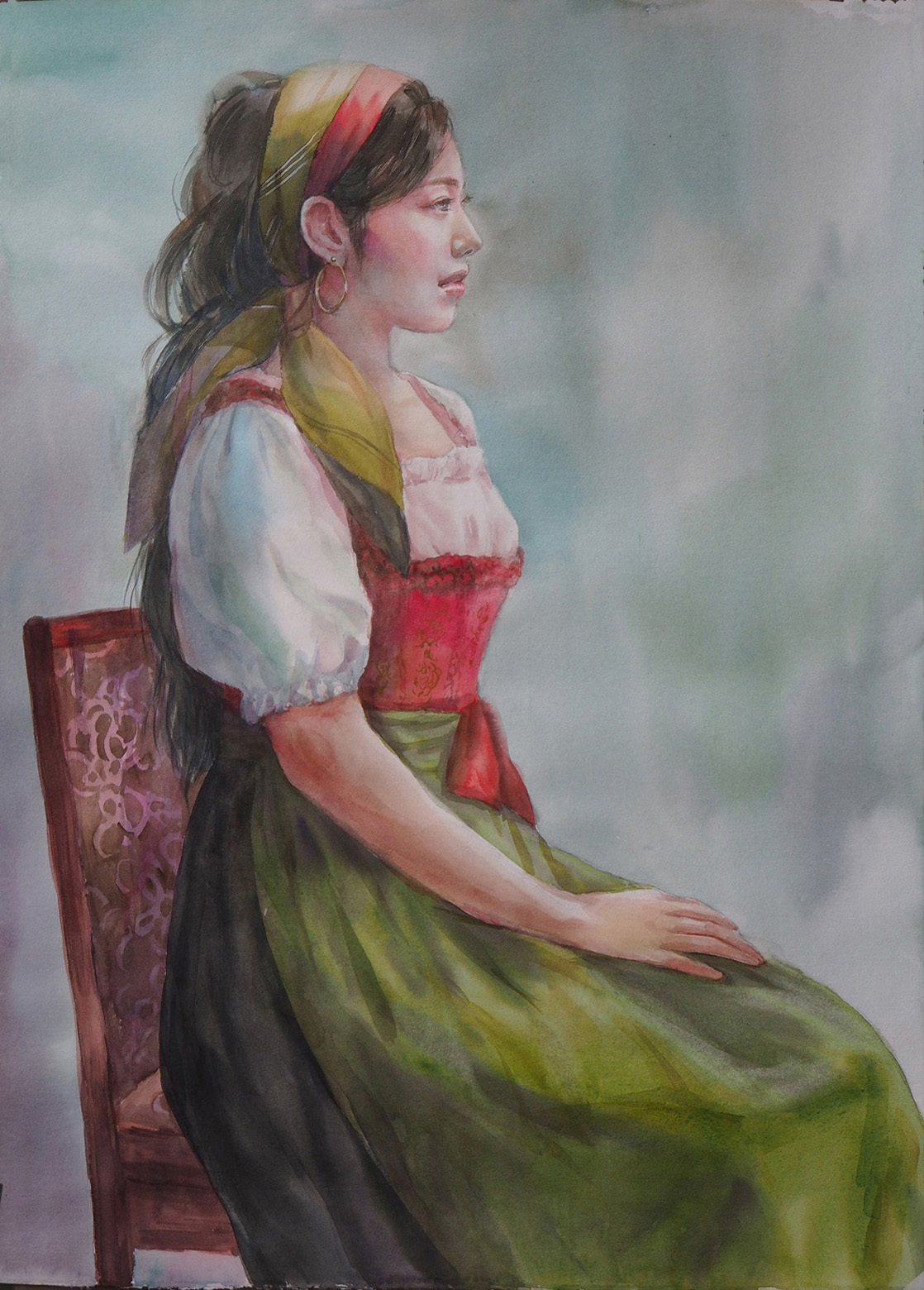 ｆ２０号教室で描いた 民族衣装の女性 デルフトブルー
