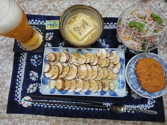 8/27夜勤明け キリン秋味、ラム酒トマト割、マッシュルームカルパッチョ、チーズ玉子豆腐、ざるそば@自宅_b0042308_19145996.jpg
