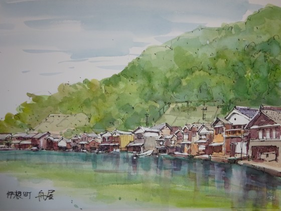 水彩画風 伊根 伊根の舟屋 京都府与謝郡伊根町のイラスト素材