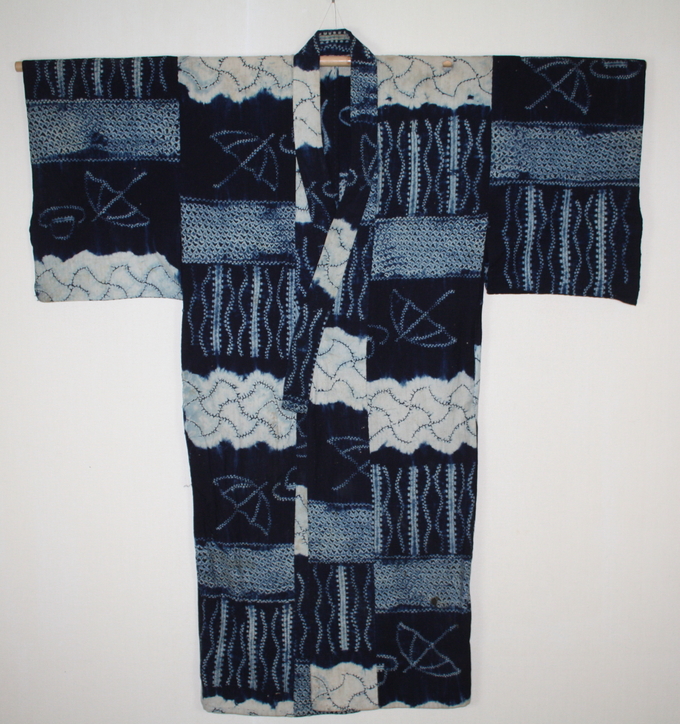 古布　男物　半襦袢　両面染め　型染　ミツウロコ　絞り　時代劇 古布 木綿 浅舞絞り 文明開化文様 Japanese Antique Textile